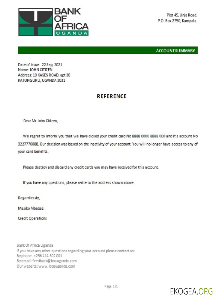 Référence Ouganda , Bank of Africa , closure